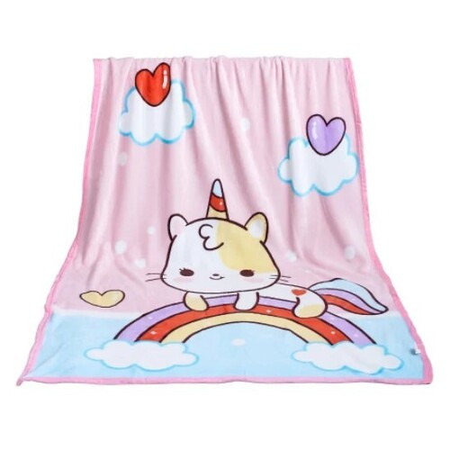 Cat Printed Flannel AC Blanket - 100x140 cm, Pink and Blue Design for Kids Ages 8 and Up, Unisex Home Use