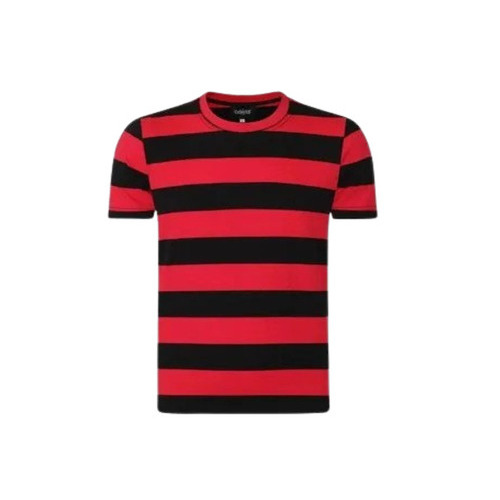 Men's Half Sleeve Striped T-Shirt - Hosiery Material, O-Neck Round Collar, Black and Red Colors | Available in Sizes S, M, XL, XXL