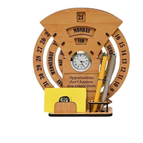 Circular Wooden Table Calendar With Clock - Premium Quality, Integrated Clock, Elegant Design, Customizable, Eco-friendly, Water Resistant, 40 Sheets