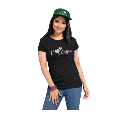 Ladies Printed Lycra Cotton T-Shirt - Half Sleeve O-Neck Style in Black | Custom Sizes Available for Casual Wear
