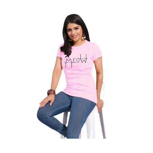 Ladies Medium Printed Lycra Cotton T-Shirt - Casual Wear Half Sleeve Round Neck Custom Fit