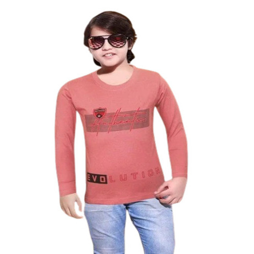 Boys Full Sleeves T-Shirt - Cotton Fabric, Regular Fit, Peach Color | Printed O-Neck Design, Long Sleeve Style for Casual Wear