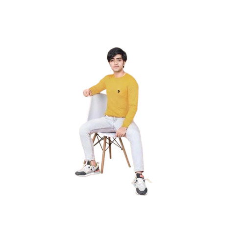 Boys Poly Cotton T-Shirt - Round Neck, Full Sleeves, Casual Wear | Yellow, Regular Fit, Plain Pattern
