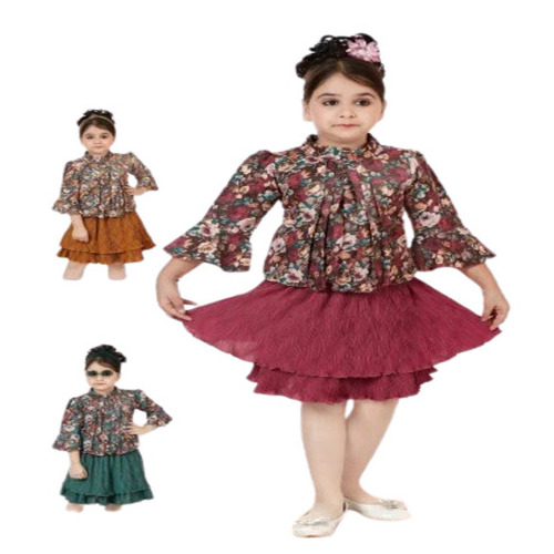 Kids Printed Georgette Skirt Top Set - Maroon, Full Sleeves, Breathable & Anti-Wrinkle Design for Girls Aged 8-10 Years, Perfect for Summer Party Wear