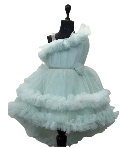 Flower Dress - Net Fabric, Sleeveless, Plain Blue Design | Anti-Wrinkle, Breathable, Washable, For Girls Ages 3-7