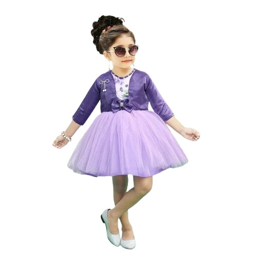 Soft Net Party Wear Frock - Violet, 3/4th Sleeves, Round Collar | Breathable, Anti-Wrinkle, No Fade, Hand Washable