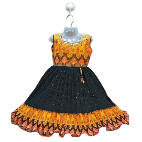 Girls Party Wear Frocks - Chiffon, Yellow And Bottle Green | Embroidered, Sleeveless, Anti Wrinkle, Washable, Trendy, Beaded Decoration