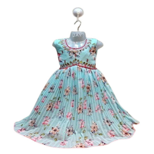 Girls Party Wear Suit Dress - Chiffon 12 Years Sky Blue | Anti-Wrinkle Breathable Printed Sleeveless Modern Style