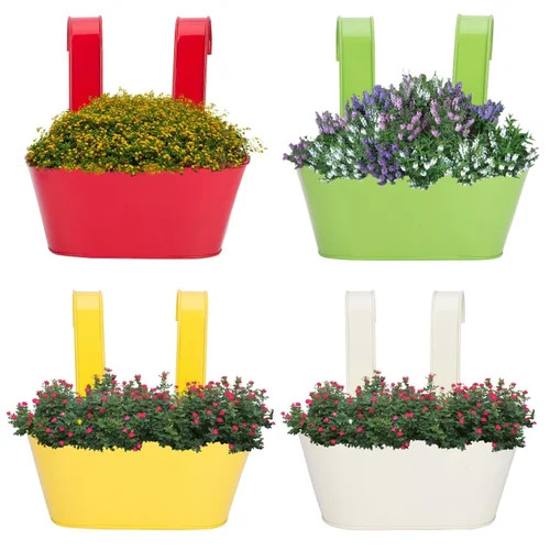 Iron Railing Flower Pot Holder - 10 Inch Oval Painted Iron, Multi Color | Balcony Mounted with Drainage Hole, Height 10 cm