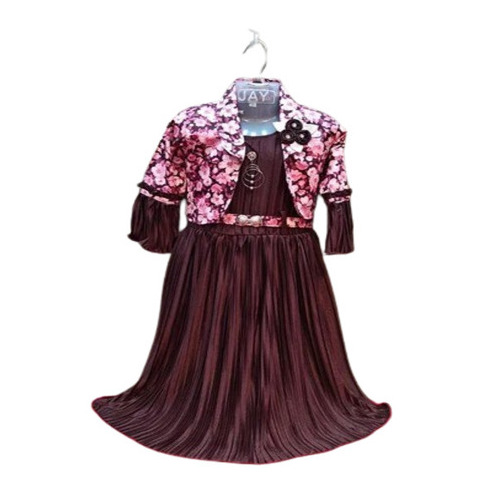 Embroidered Satin Frock - Full Sleeves Maroon Color Anti-Wrinkle & Breathable Features for Girls Age 8-10 Years
