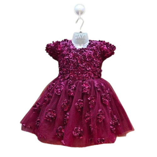 Kids Stylish Frocks - Net Fabric Age 5-7 Years Purple Color | Modern Embroidered Design Anti-Wrinkle Breathable Short Layered Sleeves