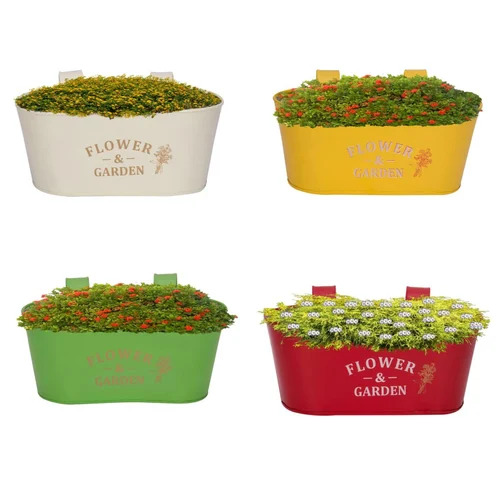 Metal Oval Basket Balcony Planter - Iron, 33x15.5x14 cm , Multi Color, Set of 4 for Stylish Outdoor and Indoor Plant Display