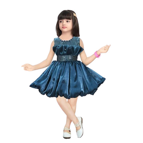 Silk Party Wear Kids Frock - Sea Blue Sleeveless Modern Style with Sequins | Anti Wrinkle No Fade Breathable Washable