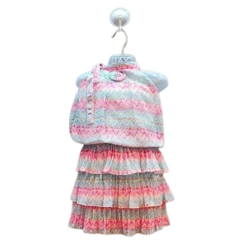 Girls Party Wear Frock - Georgette, Sleeveless, Pink | Anti-Wrinkle, No Fade, Breathable, Washable, Modern Printed Design for Summer