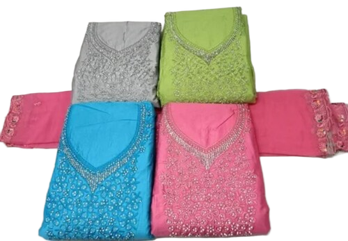 Cotton Wedding Unstitched Suits - Fabric: Cotton Style: Straight Salwar Type: Churidar Color: All Work Occasion: Party Wear Sleeve: Full Sleeve Pattern: Embroidered | Features: Breathable Washable