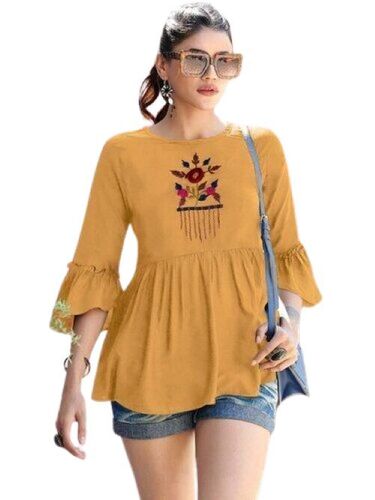 Cotton Ladies Tops - Mustard Color, Regular Fit, 3/4th Sleeves | Breathable, Lightweight, Comfortable, Skin-Friendly, Embroidered Design, Machine Washable