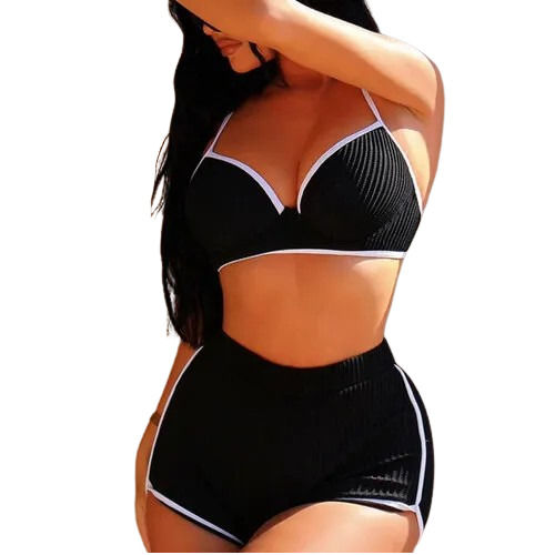 Girls Solid Black Shorts & Bra Set