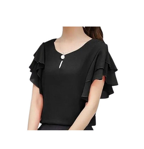 Girls Tops - Chiffon Material, Regular Fit, Black Color, Short Sleeves, Round Neck | Breathable, Skin-Friendly, Lightweight, Comfortable, Machine Washable