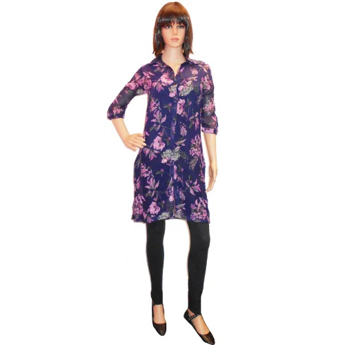 Casual Printed Georgette Kurti - Regular Fit, 3/4 Sleeve , Various Color Options, Machine Washable, Ladies A-Line Pattern