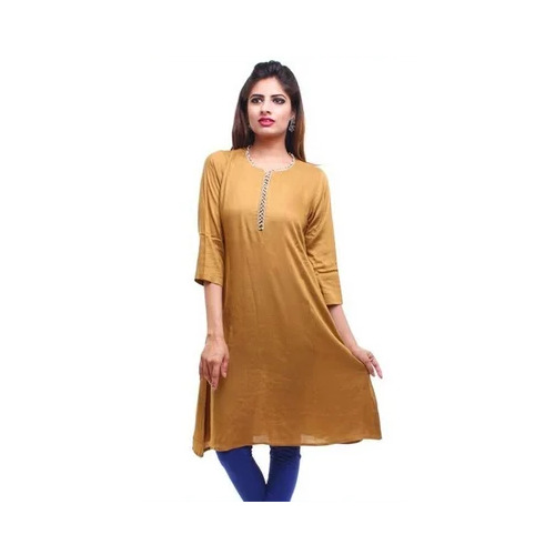 Designer Ladies Kurti - Rayon Fabric, All Sizes, Brown Color, Round Neck, 3/4th Sleeve, Dry Clean Only, Plain Pattern