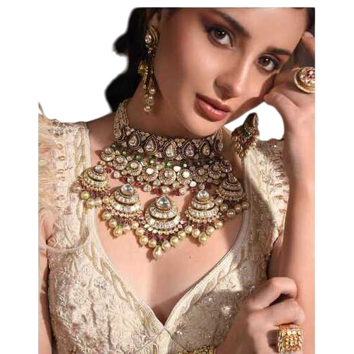 Victorian Bridal Double Line Pearl And Polki Silver Chandbali Choker 92.5 Silver Moissanite Diamond Polki Necklace - Jewelry Type: Jewelry Sets