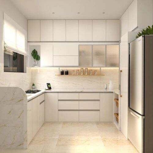 Laminated Modular Kitchen - Premium Quality Aluminium, Polished Finish , Eco-Friendly Multi-Color Design with Maple Wood Sliding Doors