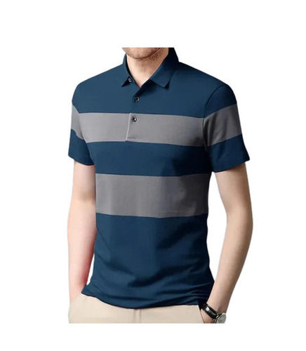 Polo T-Shirt - Breathable Linen, Regular Fit XL/M/L/S, Blue & Gray Printed | Lightweight, Skin-Friendly, Fade & Wrinkle Resistant