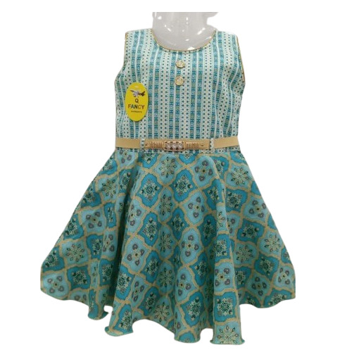 Girl Printed Cotton Frock - Sleeveless, Round Neck, Blue | Modern Style, Comfortable, Anti-Wrinkle, Breathable, Washable