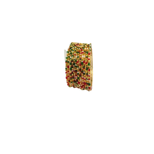 Elegant Maroon-Green Bangles Set - 12 Pcs with Pearl Moti, Golden Accents for Festive Occasions, Traditional Yet Stylish Design, Comfortable for Women and Girls