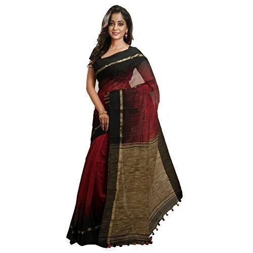 Party Wear Silk Cotton Saree - Color: Red And Black