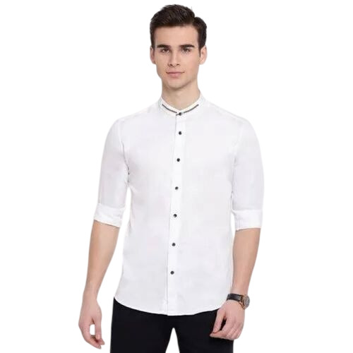 Men White Solid Cotton Causal Shirt - Feature: Water Proof
