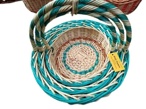 Cane Fruit Basket - Bamboo, Round, Light Weight, Blue and White | Spacious Design With Durable Bamboo and Fabric Handles, Easy to Clean