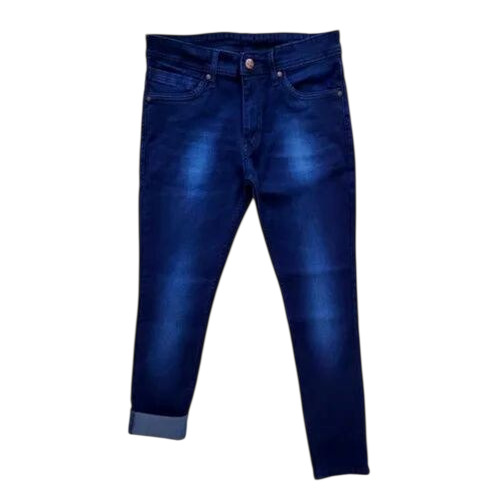 Five Pockets Denim Jeans - Dark Blue Denim Relaxed Fit Straight Style | Timeless Design Casual Wear Versatile Faded Wash Stretchable Beaded Pattern