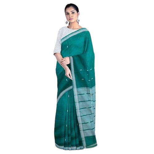 Cotton Zari Border Saree - Color: Dark Green