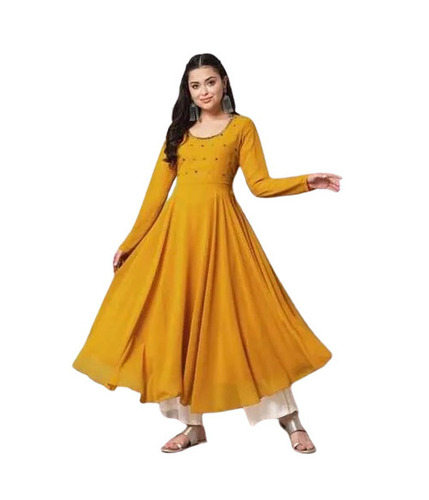 Anarkali Kurtis - Silk Material, M, L, XL, XXL Sizes, Yellow Color | Customized Logo, Quick Dry, Breathable, Washable, Casual Style, Long Sleeve