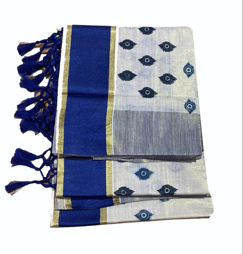 Kerala Mundu Cotton Saree - Printed Cotton, Ivory White | Quality Tested, Breath Taking Look, Perfect for All Seasons