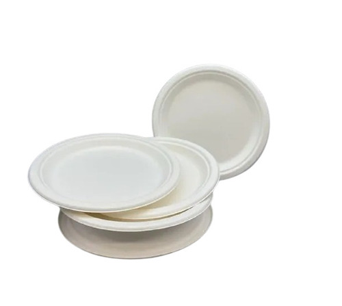 Round Disposable Plates - Bagasse Material, Standard Size, White Color | Eco-Friendly, Biodegradable, Heat & Cold Resistant, Lightweight Design