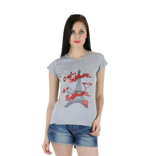 Ladies Cotton T-Shirt - Premium Quality, Optimum Fit | Soft Grey Printed Round Neck, Breathable Slim Fit for Casual Wear