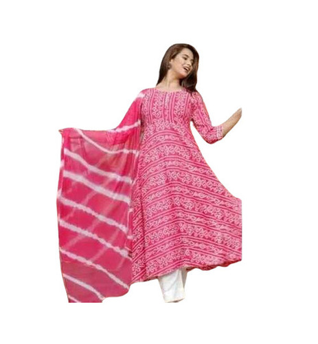Ladies Kurtis - Cotton Customized Size Pink & White | A-Line Printed Anti-Wrinkle Quick Dry Breathable 3-4th Sleeve Regular Fit Machine Washable
