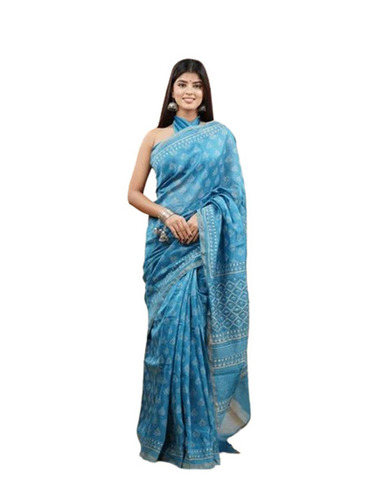 Chanderi Saree - Silk Material, Blue Color, Printed Pattern | Breathable, Quick Dry, Lightweight, Skin-Friendly, Machine Washable