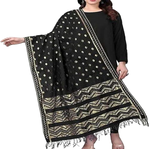 Chanderi Printed Dupatta - Premium Quality, 2 Meter Length, Black Weaved Design | Casual Wear, All Season, Handwashable Cotton