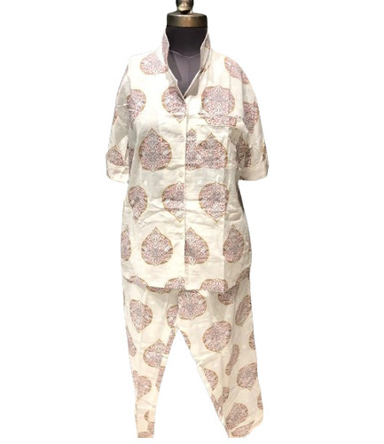 Cotton Foldable Girls Night Suit - Sizes S to XXL, White | Breathable, Printed Pattern, Short Sleeves, Ideal for All Seasons