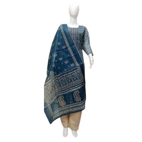 Ladies Cotton Kurti - Lightweight Breathable Fabric Printed Blue Design for Summer and Winter 3/4 Sleeve Available in Sizes S M L XL