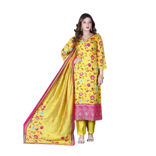 Printed Handwork Kurtis - Dola Silk, Medium Size, Yellow Color | Lightweight, Breathable, 3-4th Sleeve, Modern Casual Style