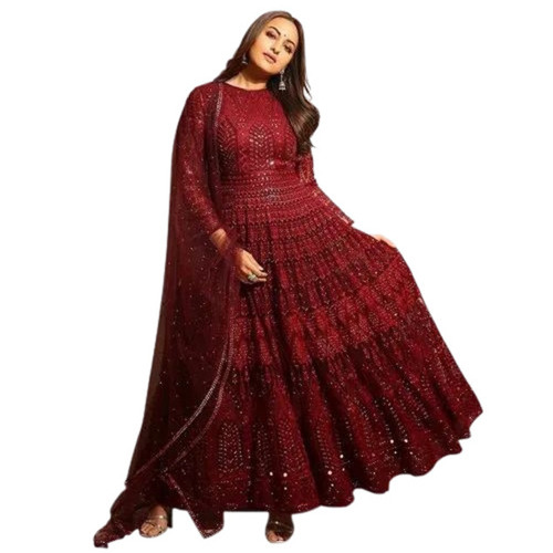 Heavy Designer Gown - Embroidered Santoon, Full Sleeve, Round Neck, Red Party Wear | Washable, Customized Size, All Season Fashion