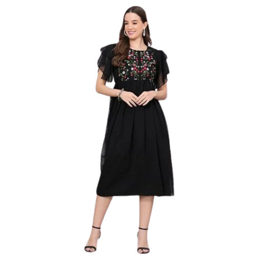 Black Ladies Designer Dress - Georgette, Sizes S-XXXL, Color: Black, Features: Embroidered, Short Sleeves, Anti-Wrinkle, Breathable, Machine Washable
