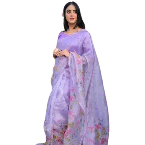 Designer Orgenza Saree - Silk Fabric, 5.5 m Length, Yellow Color | Wedding Wear, Printed Pattern, Includes Blouse Piece