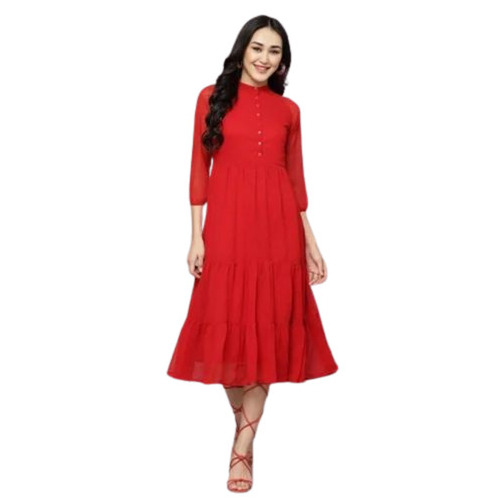 Georgette Western Wear Dress - Custom Size, Dobby Pattern in Red | Breathable, Anti-Wrinkle, Full Sleeves, Handwash Care