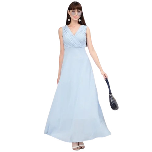 Ladies Designer Dress Customized - Georgette Fabric, Short Sleeves, Sky Blue, Plain Pattern | Anti-Wrinkle, Breathable, Handwash - Party Wear