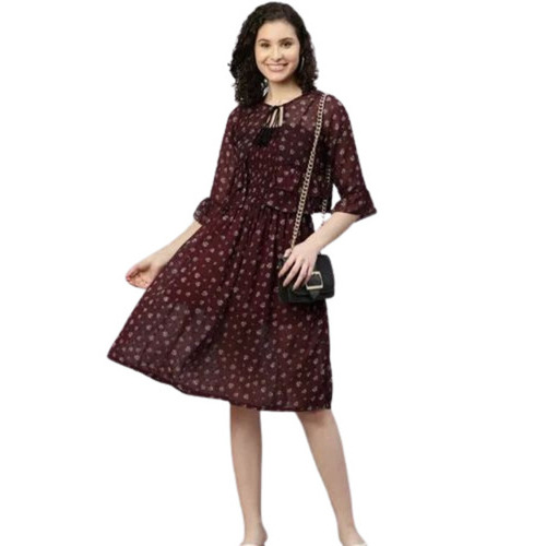 Georgette Frock - Free Size, Multicolor Floral Print | Anti-Wrinkle, Breathable, Quick-Dry, Washable, Three-Fourth Sleeves